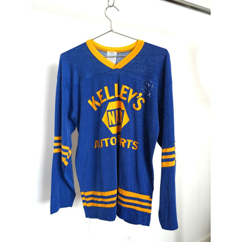 "Retail" Vintage 1970s Venus Kelly's Auto Parts Napa Long Sleeve Jersey Blue/Yellow Small Men's