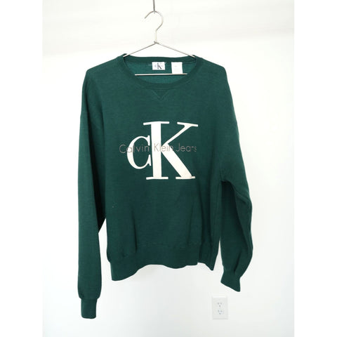 "Retail" Vintage CK Calvin Klein Big Logo Crewneck Pullover Sweatshirt Green L Made in USA
