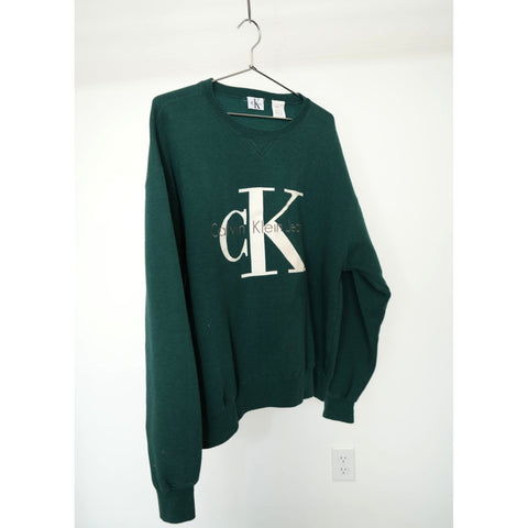"Retail" Vintage CK Calvin Klein Big Logo Crewneck Pullover Sweatshirt Green L Made in USA