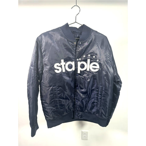 "Retail" Staple Pigeon Satin Snap Button Bomber Jacket Navy Blue Size Medium Men's