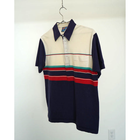 "Retail" Vintage Spalding Rainbow Multicolor Striped Pocket Polo Shirt Medium Men's