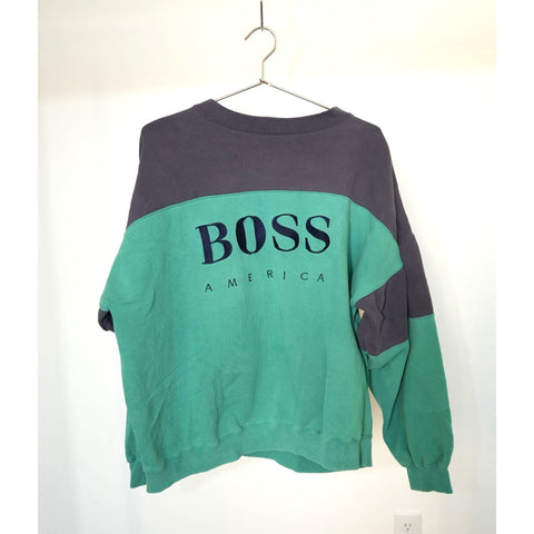 "Retail" Vintage Boss America Embroidered Colorblock Pullover Sweatshirt Green/Gray XL