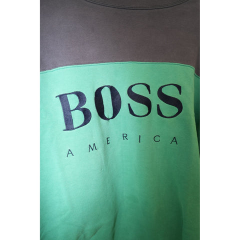 "Retail" Vintage Boss America Embroidered Colorblock Pullover Sweatshirt Green/Gray XL