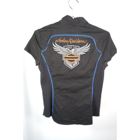 "Retail" Vintage Harley-Davidson Full Zip Mechanic Shirt Black/Blue Small Women's