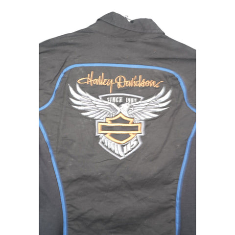"Retail" Vintage Harley-Davidson Full Zip Mechanic Shirt Black/Blue Small Women's