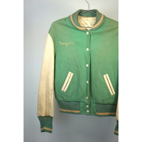"Retail" VTG "Mary Ann" Wool & Leather Sleeve Personalized Varsity Jacket Green/Cream