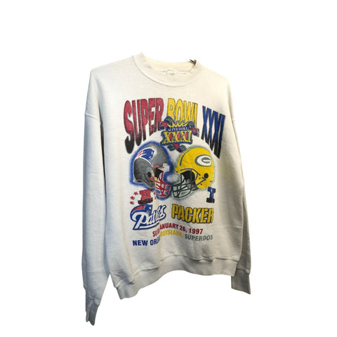 "Retail" Vintage 1997 Super Bowl XXXI Patriots Packers Pullover Sweatshirt White Large