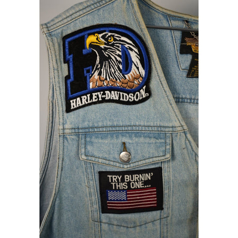 "Retail" Vintage Harley-Davidson Button-Up Blue Denim Vest w/ Patches