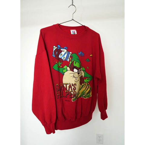"Retail" Vintage 90s Signal Tazmania Santa's Helper Christmas Pullover Sweatshirt Red XL