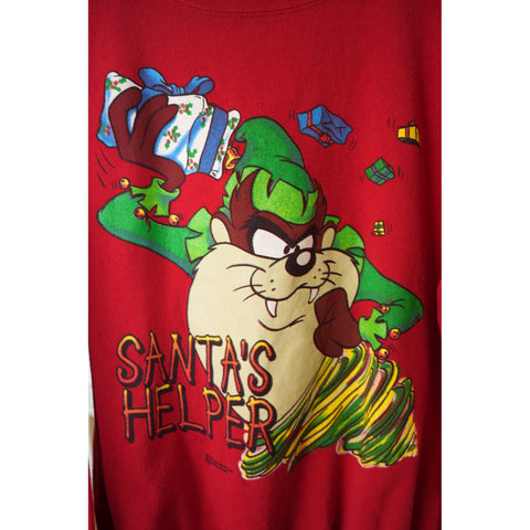 "Retail" Vintage 90s Signal Tazmania Santa's Helper Christmas Pullover Sweatshirt Red XL