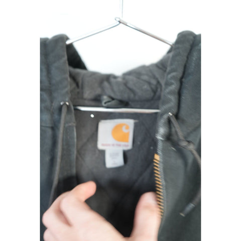 "Retail" Vintage Carhartt Quilt Flannel Lined Canvas Full Zip Hooded Jacket Black L Tall