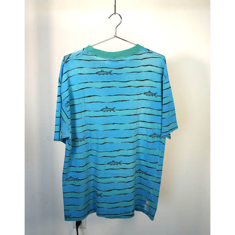 "Retail" Vintage Rare Columbia Stripes AOP Print Tee Shirt Blue L Made in USA