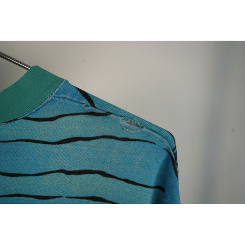 "Retail" Vintage Rare Columbia Stripes AOP Print Tee Shirt Blue L Made in USA