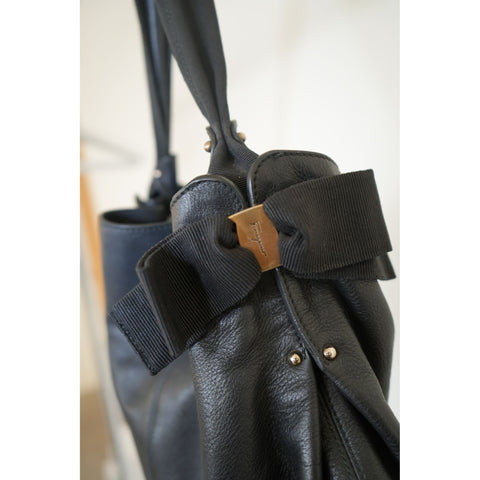 "Retail" Salvatore Ferragamo Vara Ribbon Black Calf Leather Handbag Women's