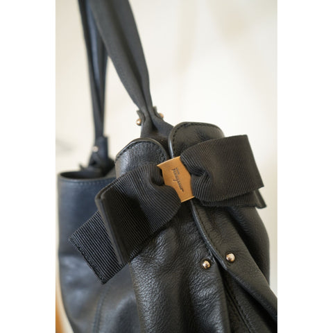 "Retail" Salvatore Ferragamo Vara Ribbon Black Calf Leather Handbag Women's