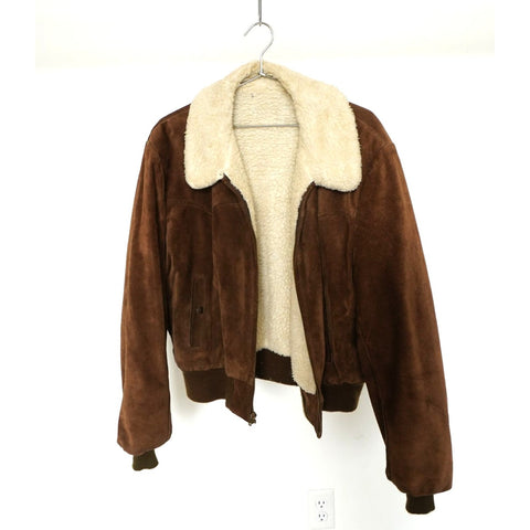 "Retail" Vintage Sherpa Lined Suede Leather Full Zip Bomber Flight Jacket Brown
