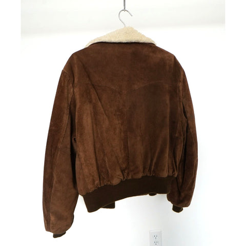 "Retail" Vintage Sherpa Lined Suede Leather Full Zip Bomber Flight Jacket Brown