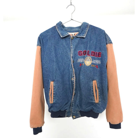 "Retail" Vintage Goldie Utility Embroidered Denim Varsity Jacket Blue/Brown Men's