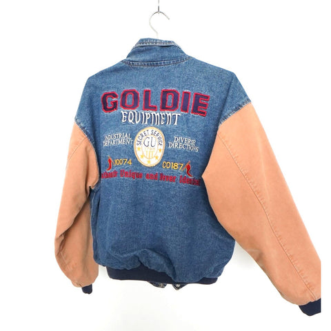 "Retail" Vintage Goldie Utility Embroidered Denim Varsity Jacket Blue/Brown Men's