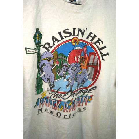 "Retail" Vintage FOTL Raisin' Hell New Orleans Raisins Tee Shirt White L Single Stitch Made in USA