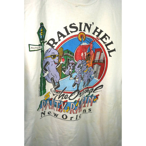 "Retail" Vintage FOTL Raisin' Hell New Orleans Raisins Tee Shirt White L Single Stitch Made in USA