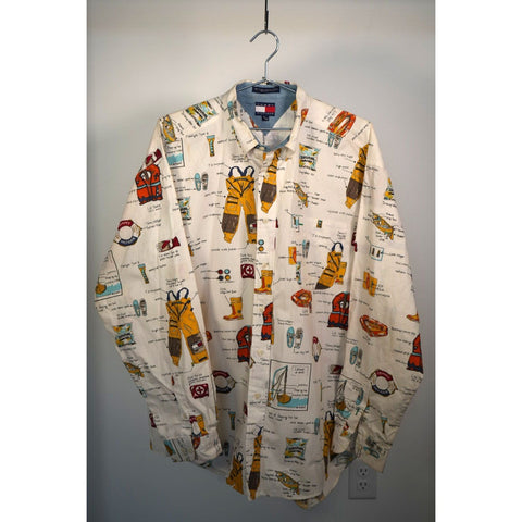 "Retail" Vintage Tommy Hilfiger 1993 Sailing Nautical Safety AOP Button Up L/S Shirt XL