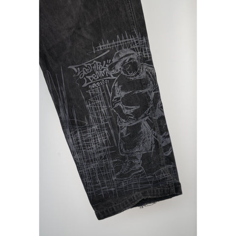 "Retail" Vintage South Pole Baggy Denim Jeans Black w/ Printed Graphic on Left Leg 36x32