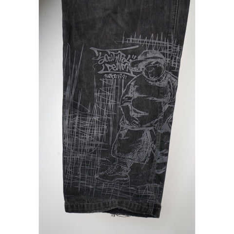 "Retail" Vintage South Pole Baggy Denim Jeans Black w/ Printed Graphic on Left Leg 36x32