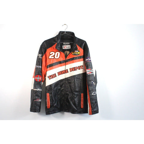 Vintage Chase Authentics Wilson Leather Jacket | NASCAR Home Depot Racing Team Outerwear | Tony Stewart Style Collector Moto Jacket | Men’s Size L | Black Orange Embroidered Logos