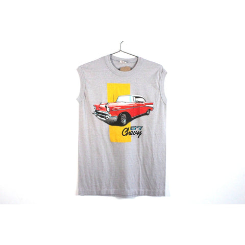 57 Chevy Hot Rod Greaser Shirt | 1957 Chevrolet Bel Air Graphic Muscle Tee | Gray Sleeveless Vintage Car T-Shirt | Rockabilly Retro Style Top | Men’s Size Medium