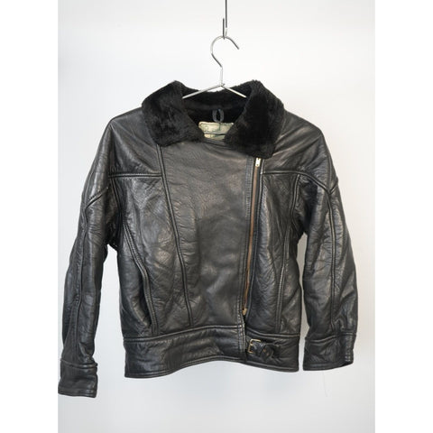 "Retail" Vintage Real Leather Fur Collar Leather Full Zip Aviator Jacket Black M