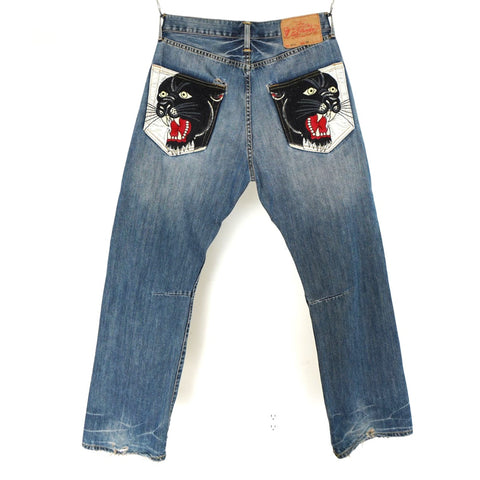 "Retail" Ed Hardy N.Y. Dead or Alive Panther Back Pocket Straight Leg Denim Jeans W32