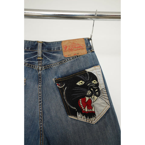 "Retail" Ed Hardy N.Y. Dead or Alive Panther Back Pocket Straight Leg Denim Jeans W32