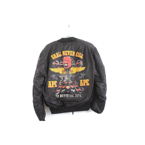 A Bathing Ape Black Bomber Jacket | Vintage BAPE Streetwear Outerwear | Iconic Ape Head Logo | Men’s Size L | Rare Japanese Fashion Collectible