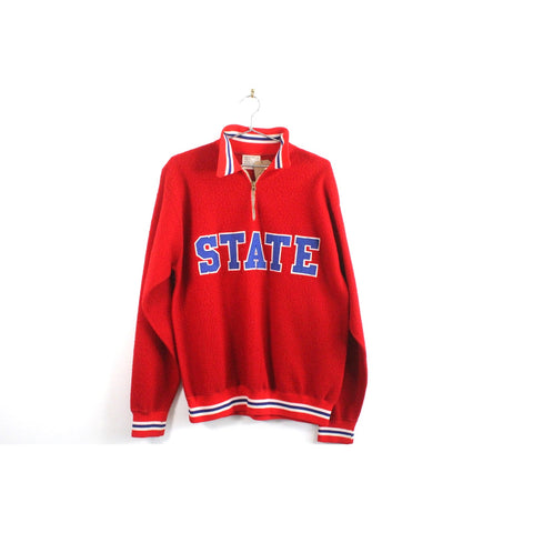 Vintage 1950s Champion Red Sweatshirt Pullover | Rare Collegiate State Print Crewneck | Reverse Weave Style Athletic Sportswear | Men’s Size L | Mid-Century Collectible Sweater