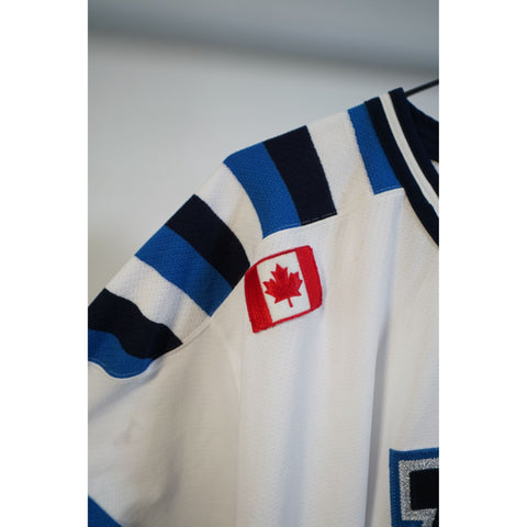 "Retail" Vintage CCM "M" #8 Canadian Ice Hockey Jersey Shirt White/Blue/Black Men's XL