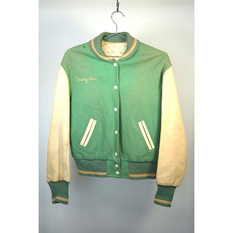 "Retail" VTG "Mary Ann" Wool & Leather Sleeve Personalized Varsity Jacket Green/Cream