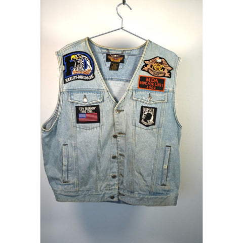 "Retail" Vintage Harley-Davidson Button-Up Blue Denim Vest w/ Patches