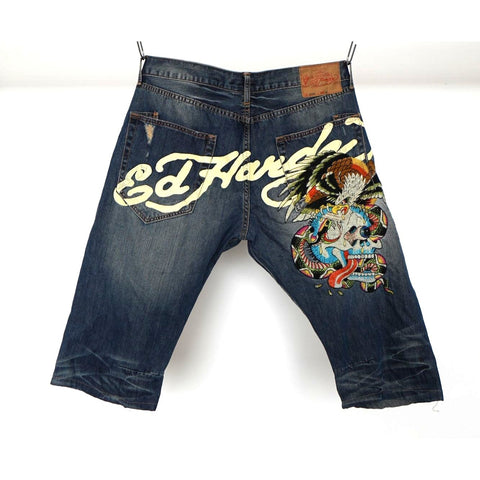 "Retail" Ed Hardy By Christian Audigier Distressed Button-Fly Denim Jorts 42x17.5