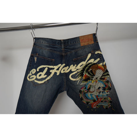 "Retail" Ed Hardy By Christian Audigier Distressed Button-Fly Denim Jorts 42x17.5