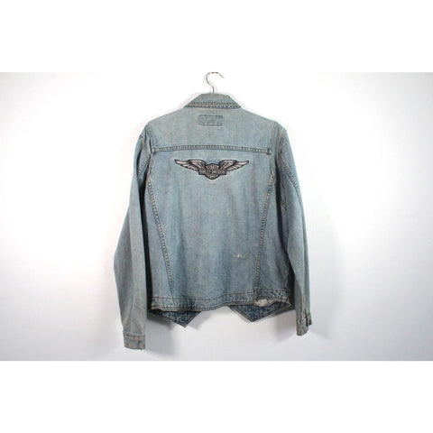 Vintage Harley Davidson “An American Legend” Denim Jacket | Blue Jean Trucker Coat | 100% Cotton Motorcycle Biker Style Outerwear | Size XL