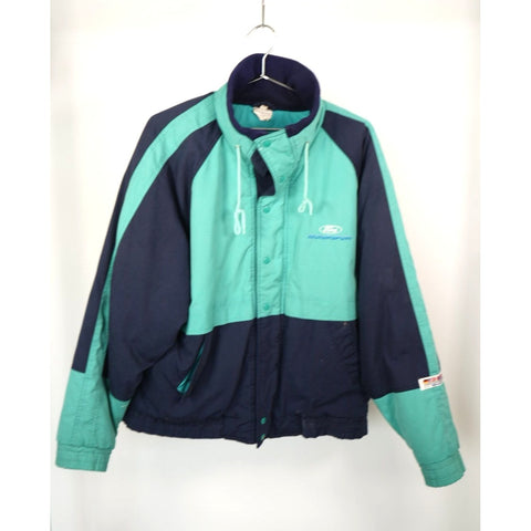 "Retail" Vintage Ford Motorsport Two Tone Snap Puffer Jacket Teal/Navy Blue Large
