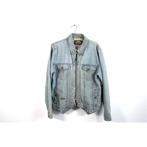 Vintage Harley Davidson “An American Legend” Denim Jacket | Blue Jean Trucker Coat | 100% Cotton Motorcycle Biker Style Outerwear | Size XL