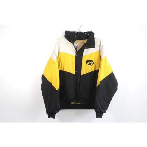 Logo 7 Iowa Hawkeyes Jacket | Vintage NCAA College Team Apparel | White, Yellow & Black Colorblock Retro Bomber Coat | XL University Sportswear