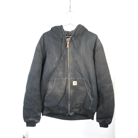 "Retail" Vintage Carhartt Quilt Flannel Lined Canvas Full Zip Hooded Jacket Black L Tall