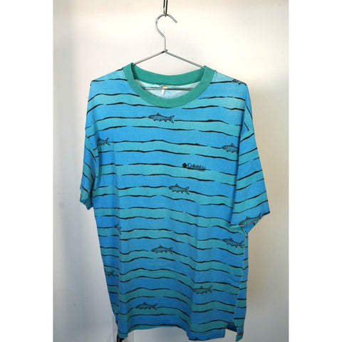 "Retail" Vintage Rare Columbia Stripes AOP Print Tee Shirt Blue L Made in USA