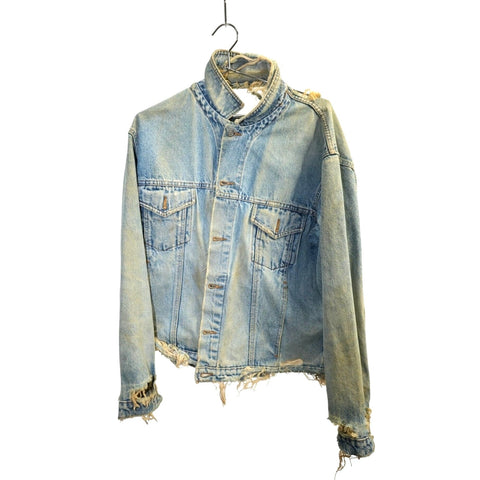 "Retail"  Vintage Harley Davidson Eagle Print Distressed Denim Trucker Jacket Blue