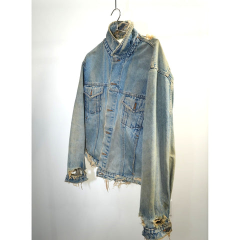 "Retail"  Vintage Harley Davidson Eagle Print Distressed Denim Trucker Jacket Blue