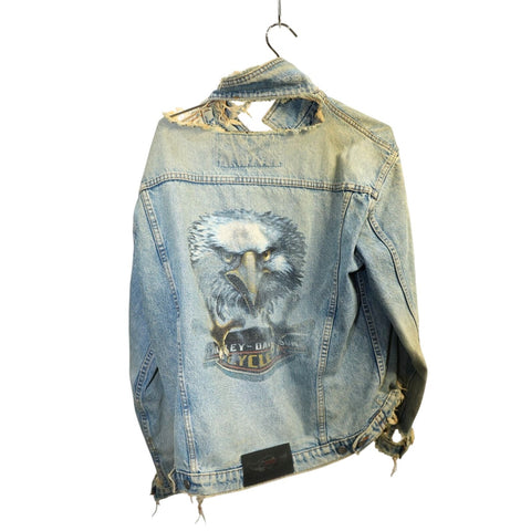 "Retail"  Vintage Harley Davidson Eagle Print Distressed Denim Trucker Jacket Blue