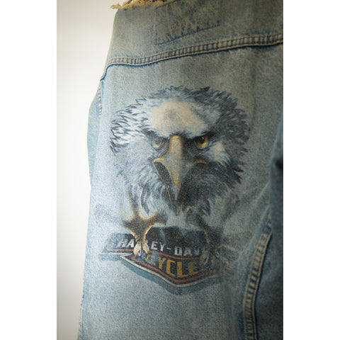 "Retail"  Vintage Harley Davidson Eagle Print Distressed Denim Trucker Jacket Blue